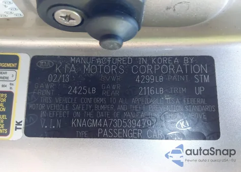 2013 Kia Optima Lx z USA, uszkodzony, nr VIN KNAGM4A73D5394797